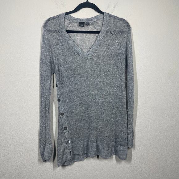 The Fisher Project Large Open Knit Sweater Gray Linen Cotton Side Buttons V Neck - Picture 1 of 9